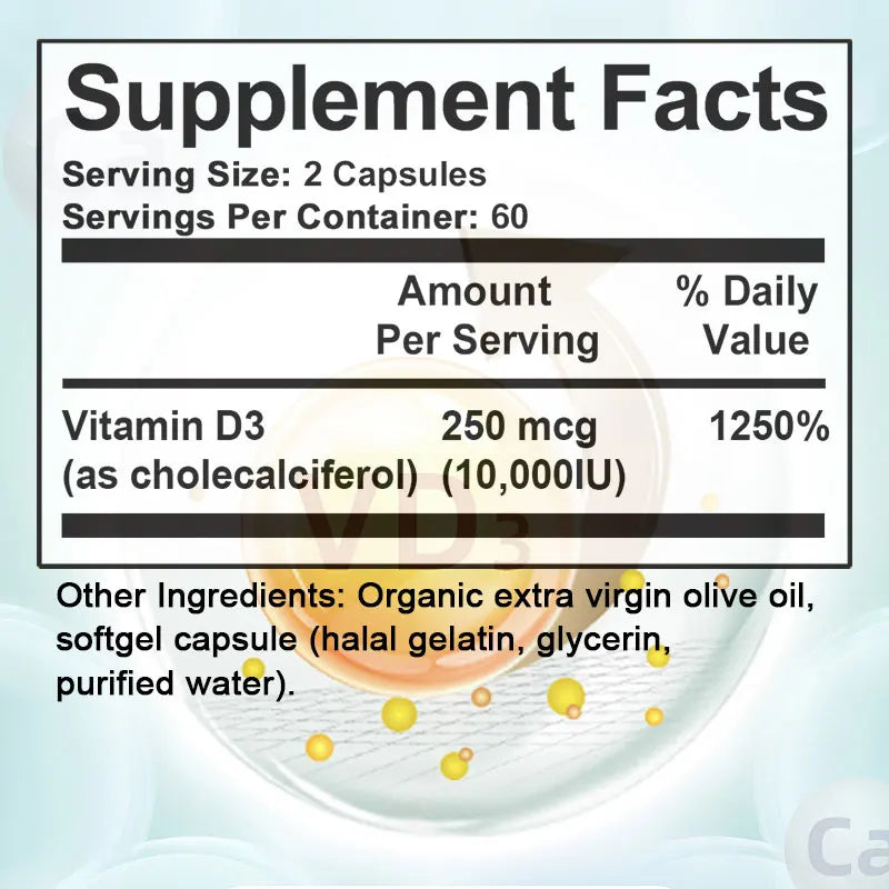 Vitamin D3 10,000 IU Capsules for Supporting Bone, Teeth, Muscle, Tissue and Immune Health, Non-GMO