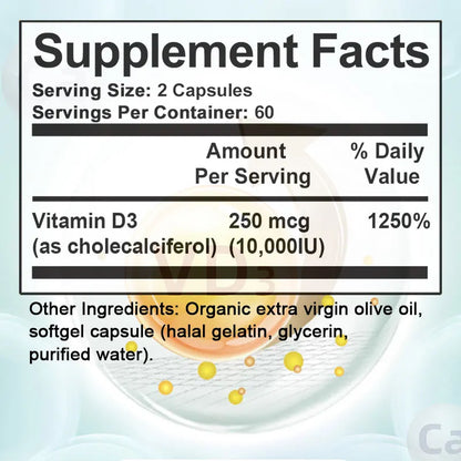 Vitamin D3 10,000 IU Capsules for Supporting Bone, Teeth, Muscle, Tissue and Immune Health, Non-GMO