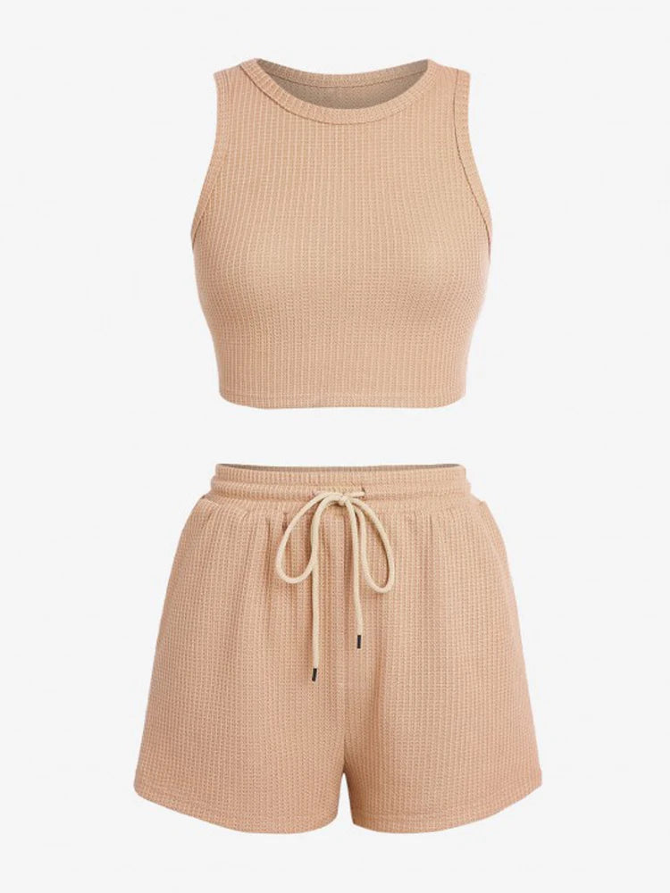 Spring and summer solid color women's waffle sleeveless vest elastic waist shorts casual sports suit Khaki