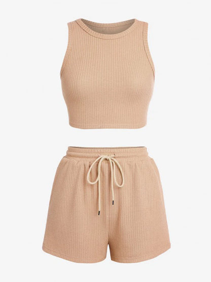 Spring and summer solid color women's waffle sleeveless vest elastic waist shorts casual sports suit Khaki