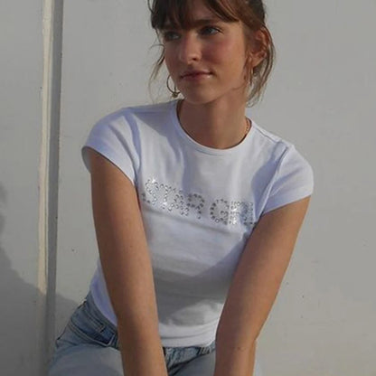 Star Girl Bling Rhinestones Women Grunge T-shirt Y2k Aesthetic Clothes Vintage Street Tee Grunge Graphic Short Sleeve Tops