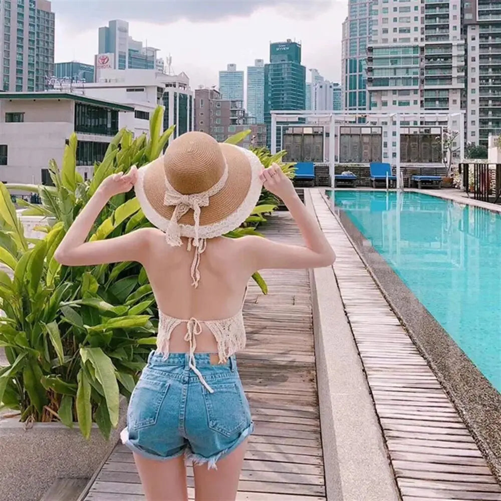 Sexy Boho Beach Holiday Camisole Halter Women Crochet Knit Swimsuit Bra Backless Vest Hollow Tassel Tank Top Women's Crop Tops