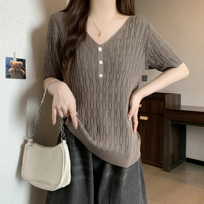 Plus Size Women's Summer New Style Slim Fit Knitted Top Belly Covering T-Shirt for Plump Sister V-Neck Big Code Sweater