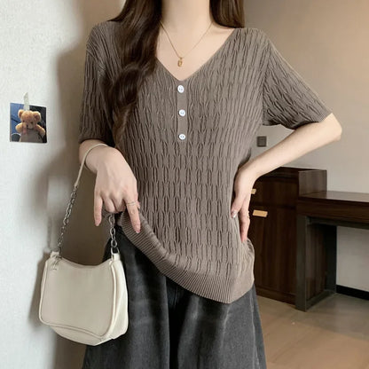 Plus Size Women's Summer New Style Slim Fit Knitted Top Belly Covering T-Shirt for Plump Sister V-Neck Big Code Sweater