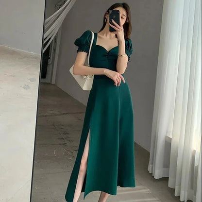 Solid Puff Short-Sleeved Elegant Slit Dress New Fashion Women V-neck Full Dresses Ladies High Waist Slim Evening Party Vestidos green