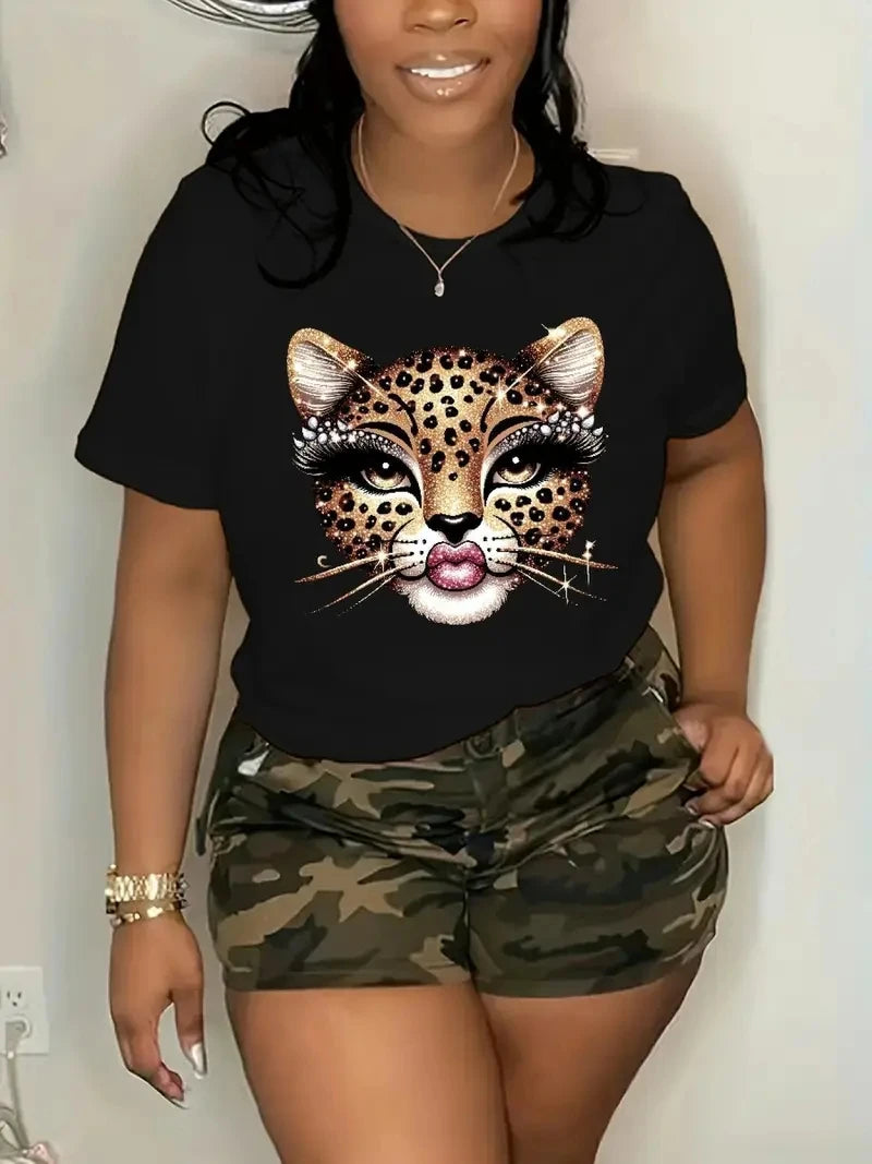 Plus Size Women's Sexy Bee Leopard Graphic T-Shirt - Black Round Neck Short Sleeve Casual Top black
