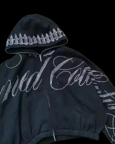 Retro Letters Rhinestone Sequins Short Hoodie Sweatpants Two Piece Set Y2K Suit Womens Letters Oversized Sweatshirt Casual Pants