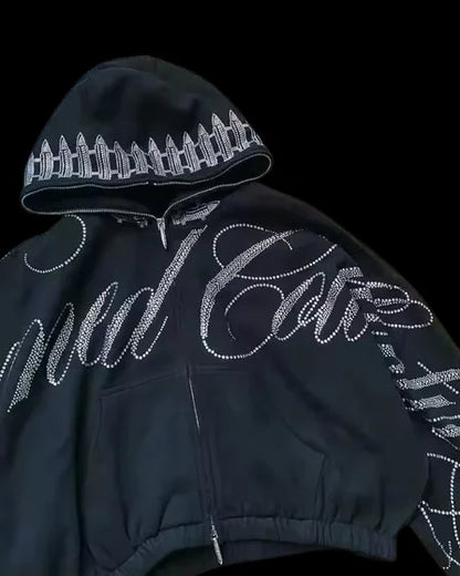 Retro Letters Rhinestone Sequins Short Hoodie Sweatpants Two Piece Set Y2K Suit Womens Letters Oversized Sweatshirt Casual Pants