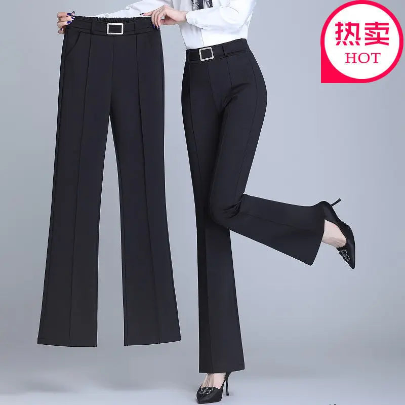 Office Lady Elegant Fashion Flare Pants Spring Autumn Diamonds High Waist All-match Solid Women Casual Straight Trousers 2022 Badiee Stylez