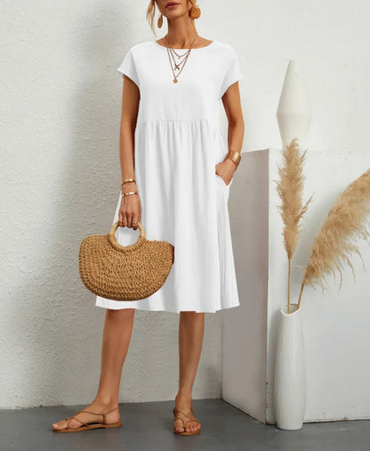 Cotton Linen Dress For Women Summer Casual Splicing Pocket Dresses Vestido Fashion Female Clothing Short Sleeve Loose Midi Dress WHITE