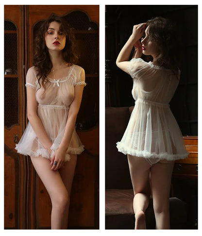 Sexy Lace Lingerie Women's Summer Thin Transparent Tops Gauze Attractive Home Clothes Temptation Women Pajamas Set Nightgown