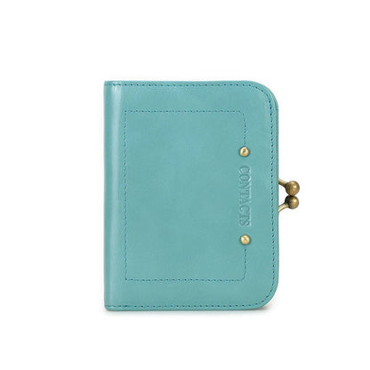 CONTACT'S Genuine Leather Short Wallets for Women Kiss Lock Classic Wallet Metal Frame Coin Purses Card Holder Money Clip Bags Sky Cyan CHINA