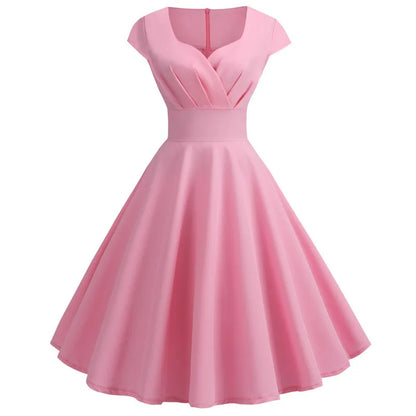 Pink Summer Dress Women V Neck Vintage Robe Elegant Retro pin up Party Office Midi Dresses Pink