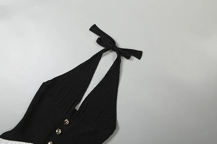 Patchwork Stripe Button Elegant Stretch Skinny French Maxi Bodycon Sexy Halter Dress Women Backless Low Chest Lace-Up Overalls