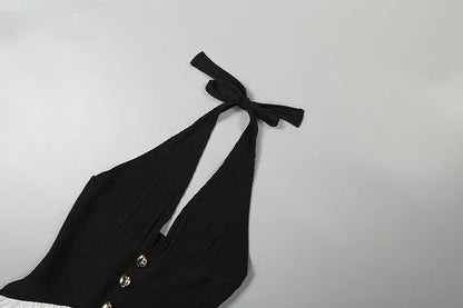 Patchwork Stripe Button Elegant Stretch Skinny French Maxi Bodycon Sexy Halter Dress Women Backless Low Chest Lace-Up Overalls