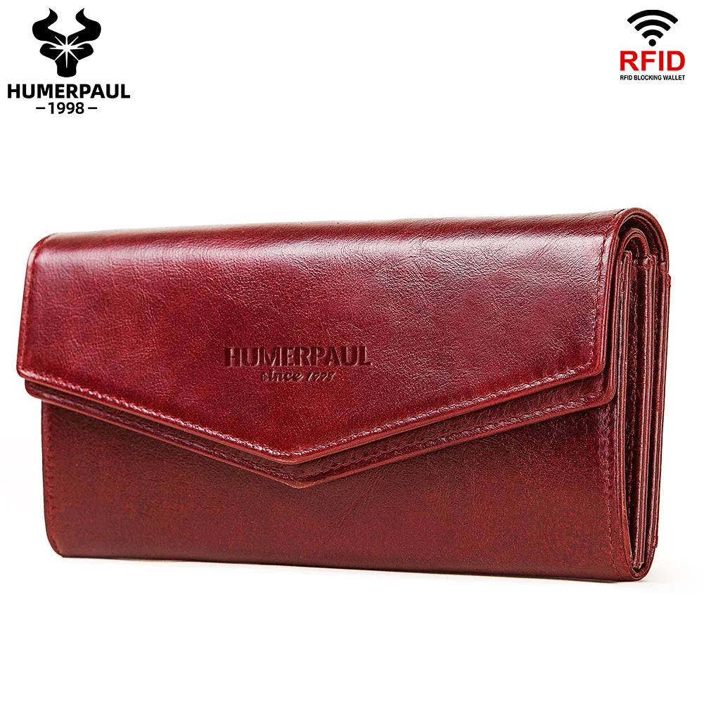 HUMERPAUL Women' s Wallet Top Layer Leather Long Cell Phone Bag with RFID Card Holder Large Capacity Luxury ﻿Ladies Handbags