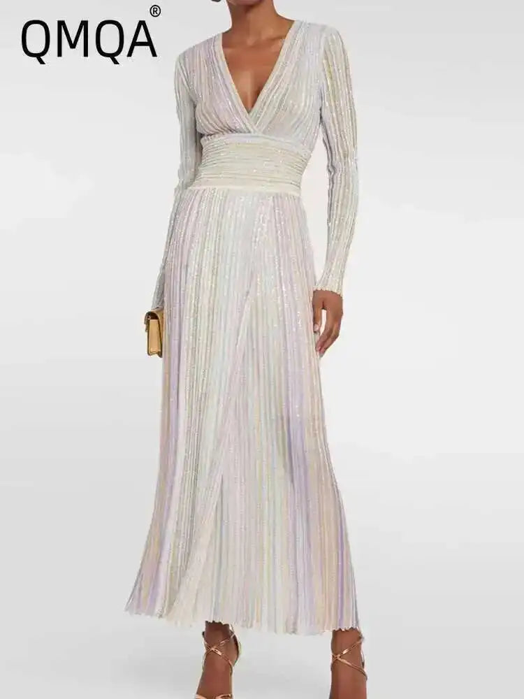 QMQA Fashion Women's Gradient Stripes Design Dresses V Neck High Waist Long Sleeve Elegant Party Dress Female Spring New 1A116 Badiee Stylez