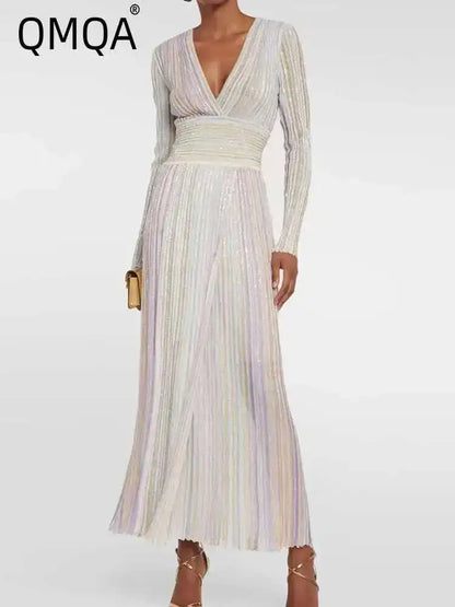QMQA Fashion Women's Gradient Stripes Design Dresses V Neck High Waist Long Sleeve Elegant Party Dress Female Spring New 1A116 Badiee Stylez