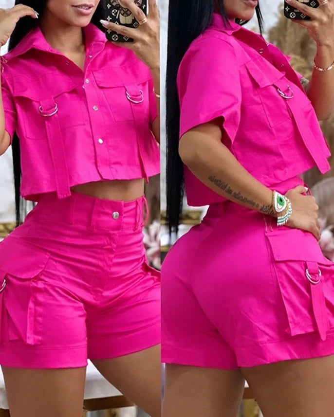Two Piece Set Women Outfit 2024 Summer Turn-Down Collar Flap Detail Buttoned Crop Top & Casual Pocket Design Daily Shorts Set A