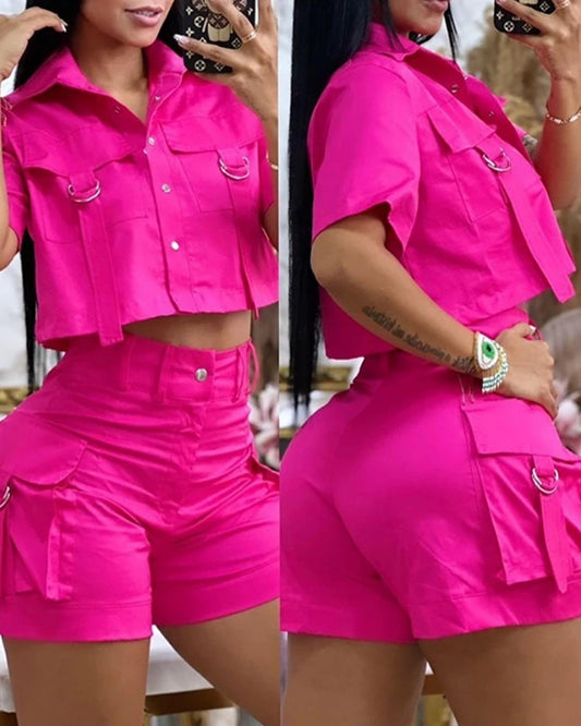 Two Piece Set Women Outfit 2024 Summer Turn-Down Collar Flap Detail Buttoned Crop Top & Casual Pocket Design Daily Shorts Set A