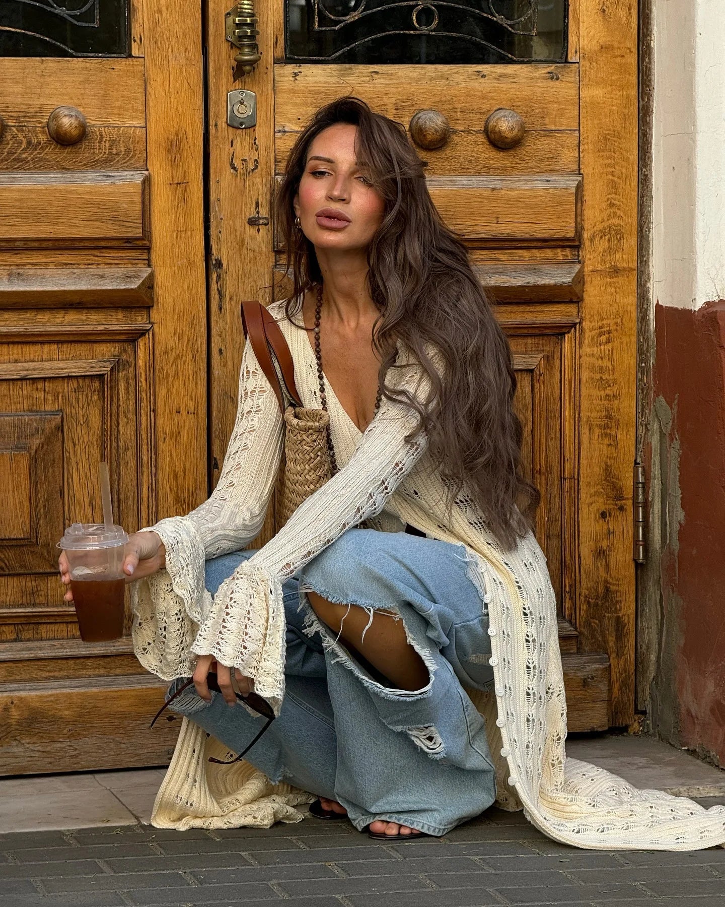 DSMTRC 2025 Holiday Knitted See-throught Cardigan Dress V Neck Long Flare Sleeves Leisure Long Trendy Single Breasted Autumn