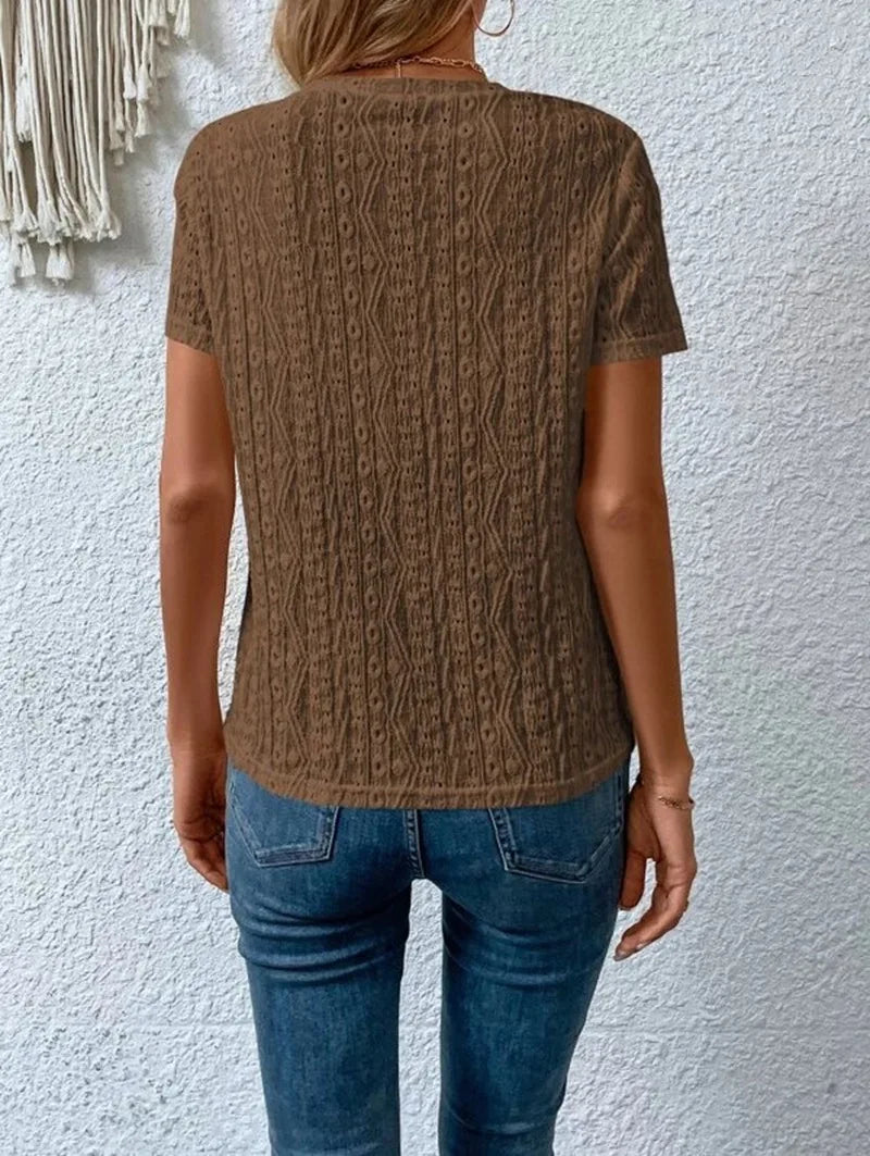 Summer Solid Short Sleeve Hollow Out Casual Shirt Women Fashion White Tops Blouse Sexys Mujer Blusas Elegantes Finas Para Mujer