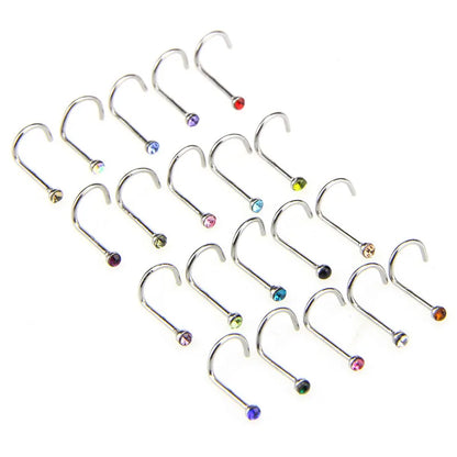 20pcs/lot Stainless Steel Crystal Rhinestone Nose Studs Hooks Bar Pin Nose Rings Body Piercing Jewelry For Women mix