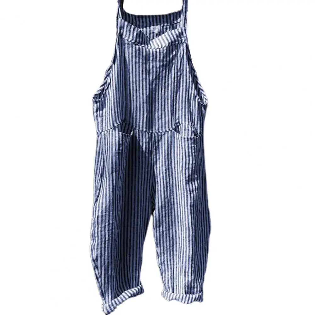 Casual Striped Print Sleeveless Jumpsuit Sling Big Pockets Wide Leg Summer Jumpsuit Women Female Clothing Blue