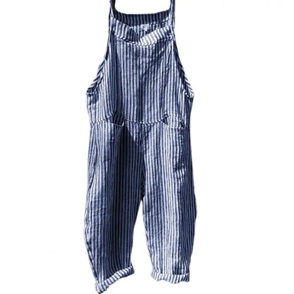Casual Striped Print Sleeveless Jumpsuit Sling Big Pockets Wide Leg Summer Jumpsuit Women Female Clothing Blue
