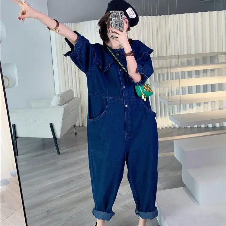 Jumpsuits Women 2022 New Fashion Autumn Spring Jeans Doll Collar Solid  Full Length High Waist Loose Jump Suits for Women Badiee Stylez