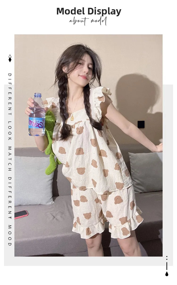 Summer Spwear Women's 2025 New Japanese Sle Fre Vest orts Woven Cotton Thin Home Clothes Set Sweet Print ort Pants