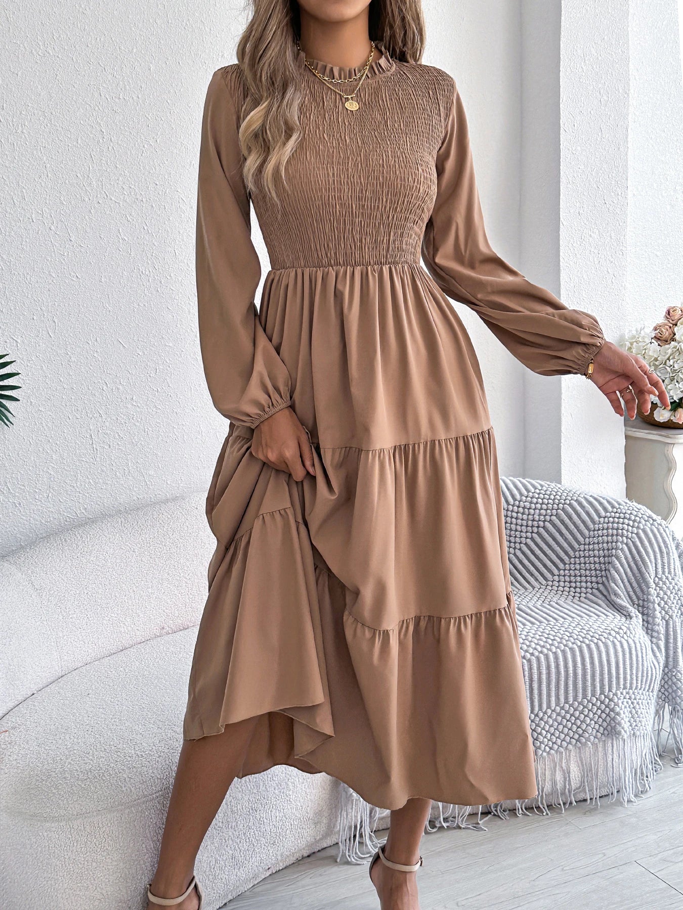 Autumn Winter Elegant Dresses for Woman Solid Color Round Neck Long Sleeve Ruffled Dresses Khaki Green Red