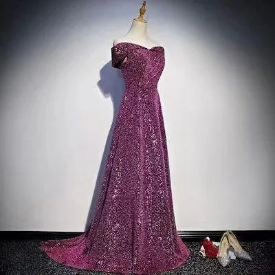 2025 New Women's Sparkling Purple Skirt One Shoulder Small Tail Evening Dress Fashionable Slimming Banquet Host Dress Badiee Stylez