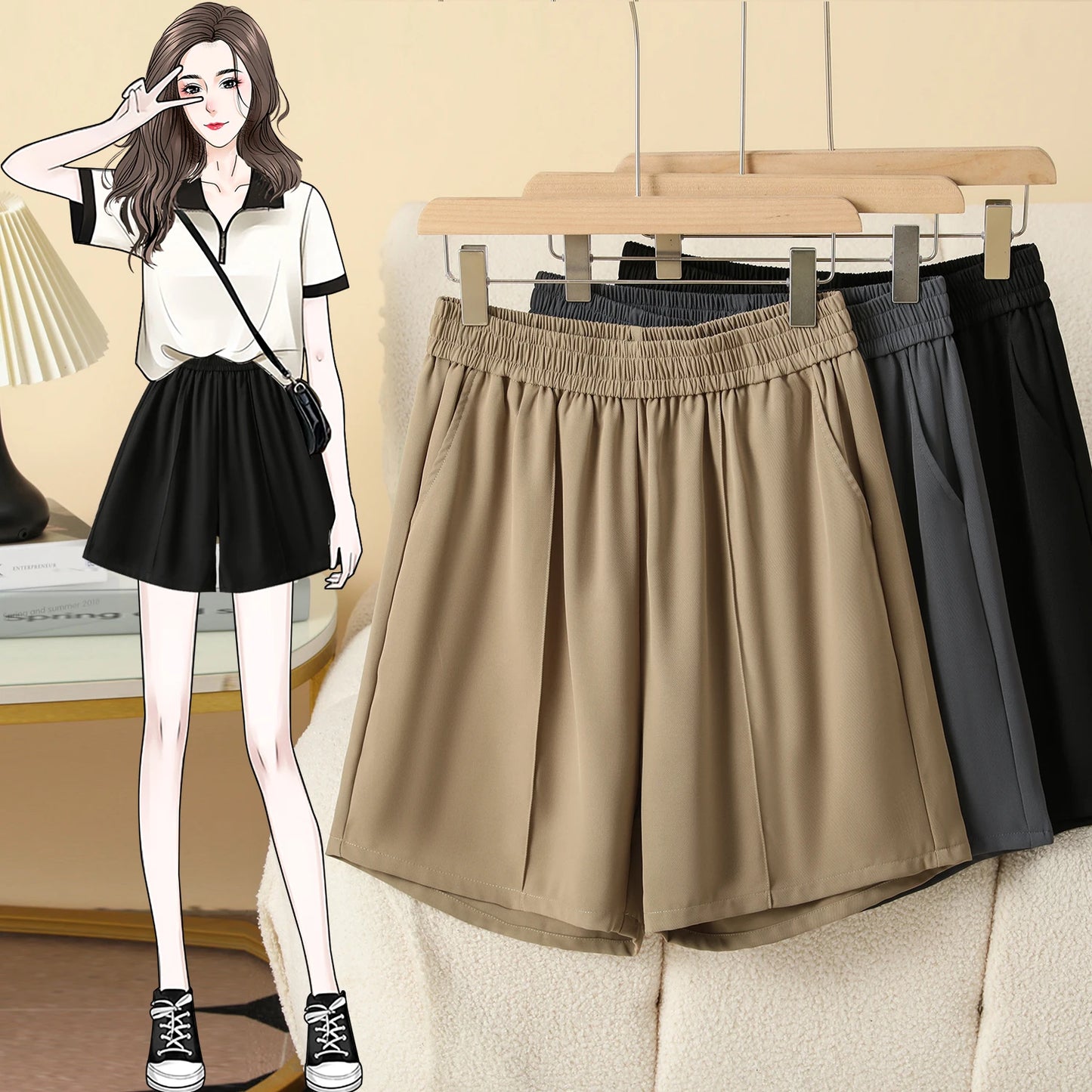 Plus Size Shorts Women High Elastic Waist Wide Leg Loose Pants With Pockets Summer 2025 New Korean Fashion Half Shorts Women