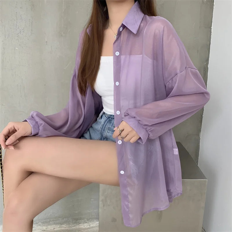Semi Sheer Long Sleeve Shirt for Women Shimmer Button Down Collared Plain Lightweight Shirt Spring Summer Chic Tops Outfit