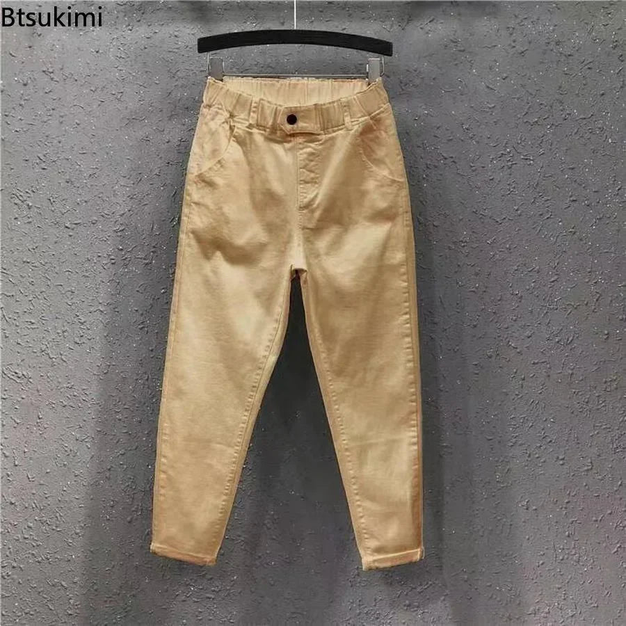 New Spring Summer Women Casual Harem Pants All-matched Casual Cotton Denim Pants Elastic Waist Solid Yellow White Jeans Female