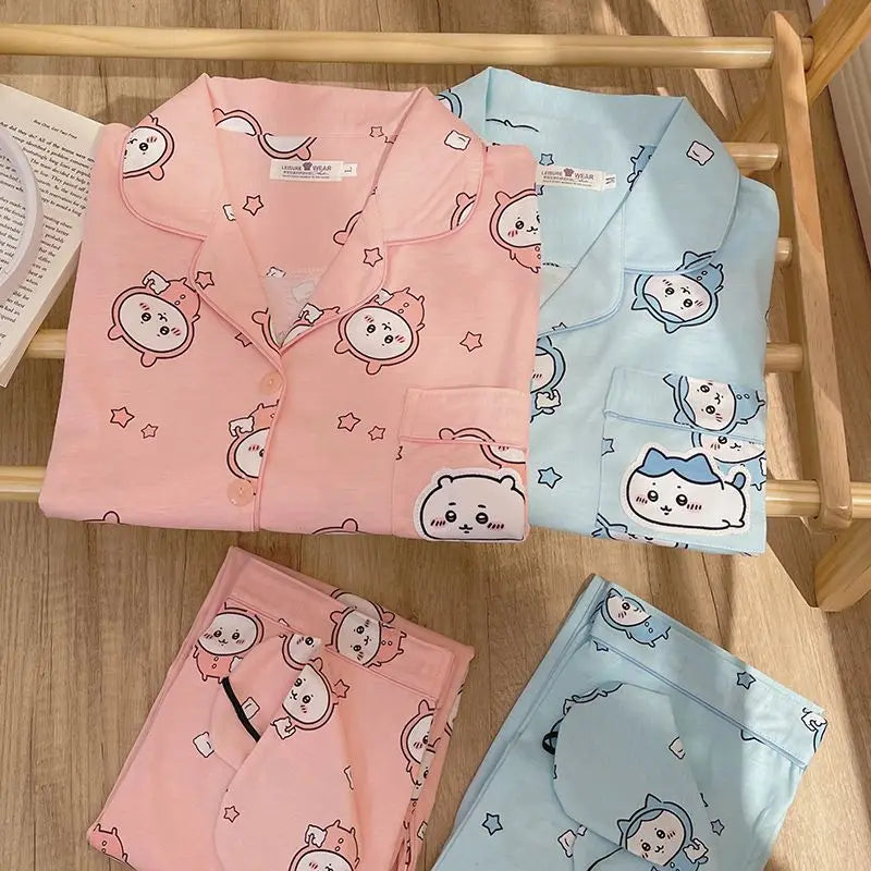 Kawaii Chiikawa Anime Pajamas Cartoon Usagi Hachiware Cute Girls Long Sleeves Long Pants Spring Autumn Student Home Clothes Set