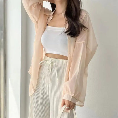 7 Colors Shirts Women Sheer Thin Chic Summer Simple Solid Sun-proof Tops Fashion Baggy All-match Basic Korean Style Sexy Clothes
