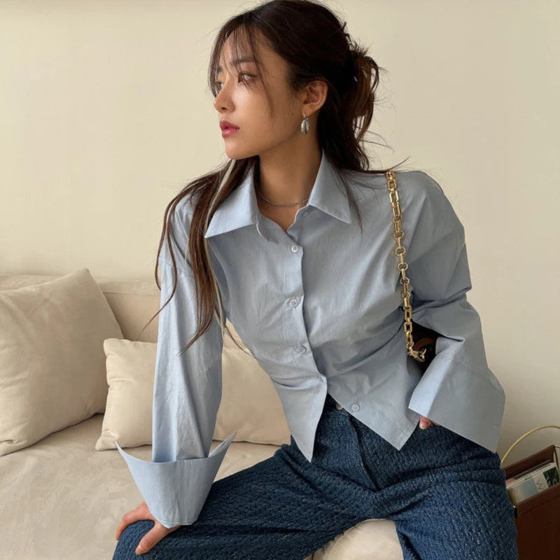 Gidyq Korean Bandage Shirt Women Fashion Backless Sexy Blouse Office Ladies Casual Slim Chic Turn Down Collar Long Sleeve Tops