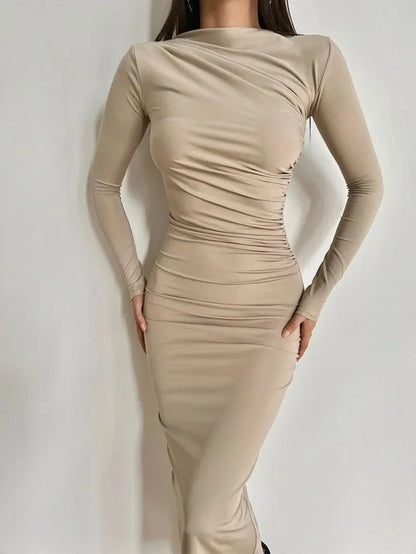 Sexy Bodycon Long Sleeve Midi Dress Women 2024 Autumn Slim Solid Party Package Hip Elegant Dresses For Women Robe Femme Khaki