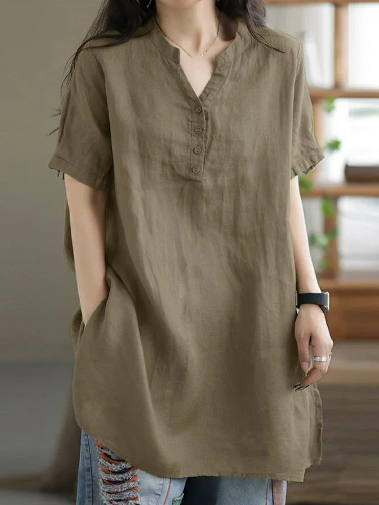 2024 Summer Fashion Cotton and Hemp Women's Shirt Commuting Style Casual Half Open Short Sleeve Casual Shirt Top brown