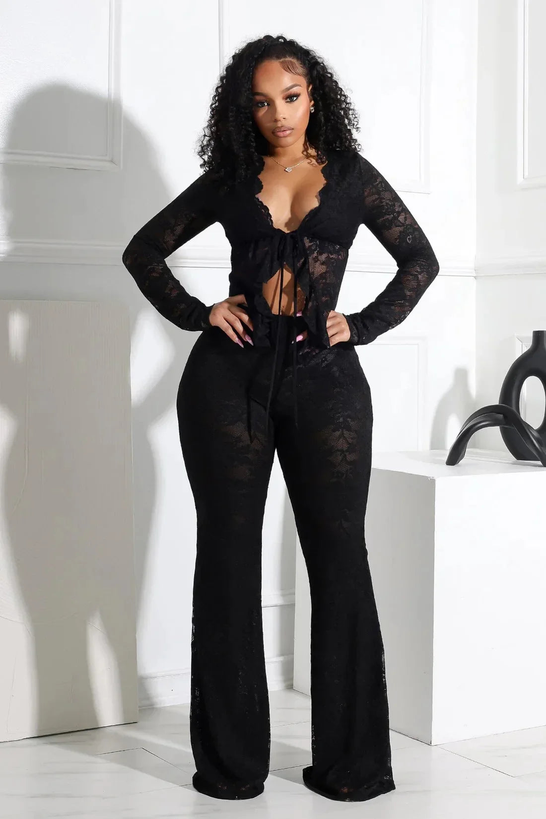 2025 Women's Set Long Sleeve Lace See Through Shirt + Long Pants Street Evening Sexy Two 2Piece Sets Outfits Tracksuit Black