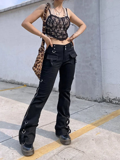 Women Low Waist Jeans Denim Straight Flare Pants Vintage Pockets Zipper Denims 2024 Autumn Streetwear Ankle Length Trousers