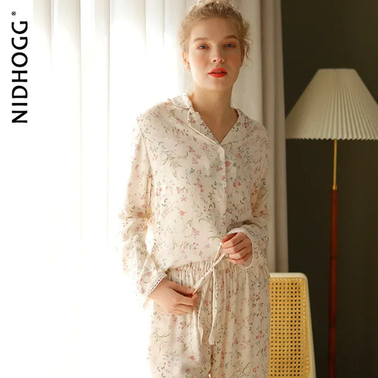 Pre-sale 2024 Spring Satin Pajamas Long Sleeve Viscose Sleepwear Willow Leaf Print Lounge Wear Two Piece Pijama Set Pijama Mujer