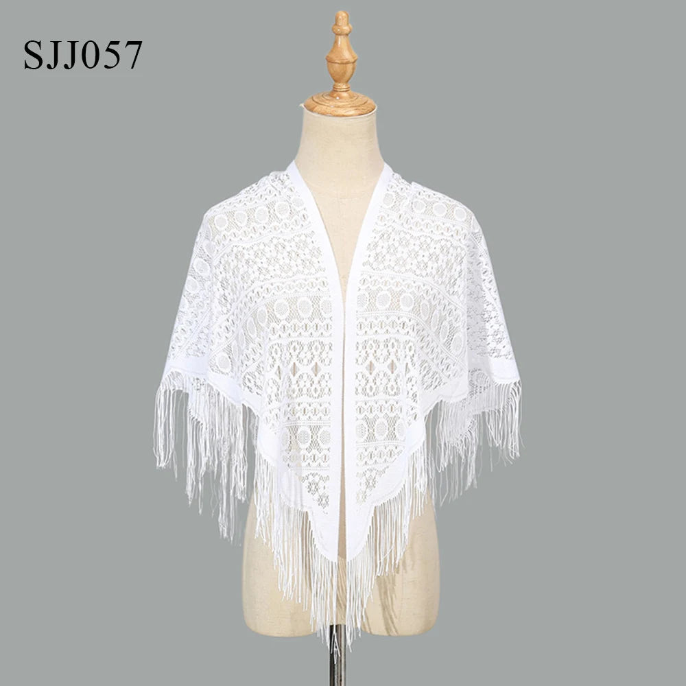 2024 White/Black Catholic Woman Spanish Style Lace Tassel Church Veil Head Covering Long Veil Floral Scarves Wedding Accessories Badiee Stylez