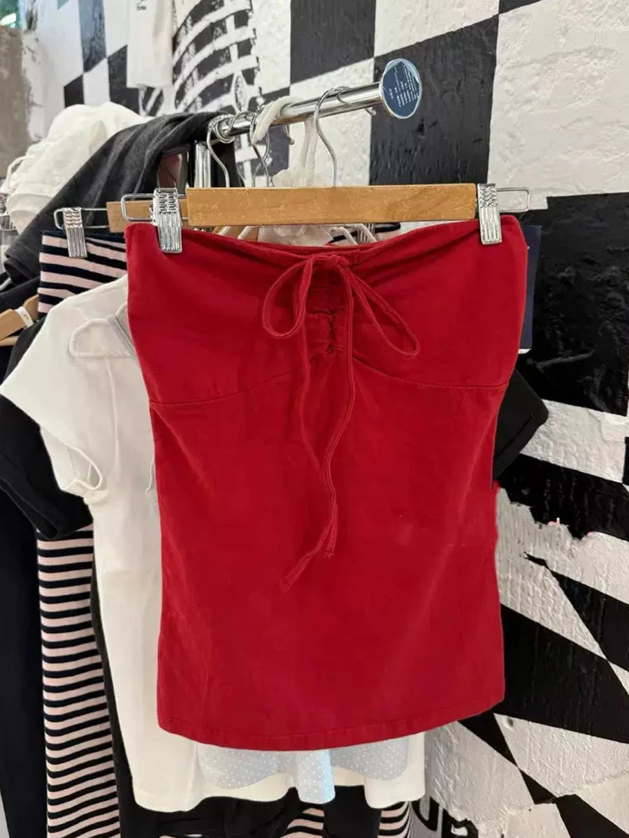 Floral Print Bow V Neck Camis Women Chic Lace Trim Sleeveless Slim Crop Tops Vest Sweet Casual Fashion Raw Hem Tank Top Y2k New Red One Size