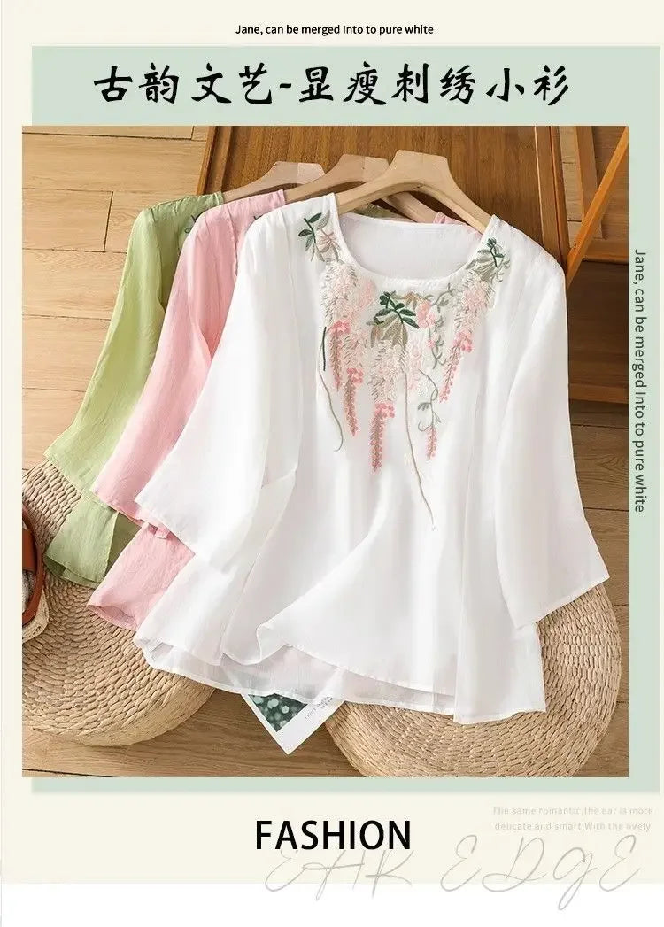 Thin Streetwear Vintage Clothes Ethnic Style Cotton Linen Shirts for Women Clothing Top Tshirt Tees Fashion Casual Embroidery