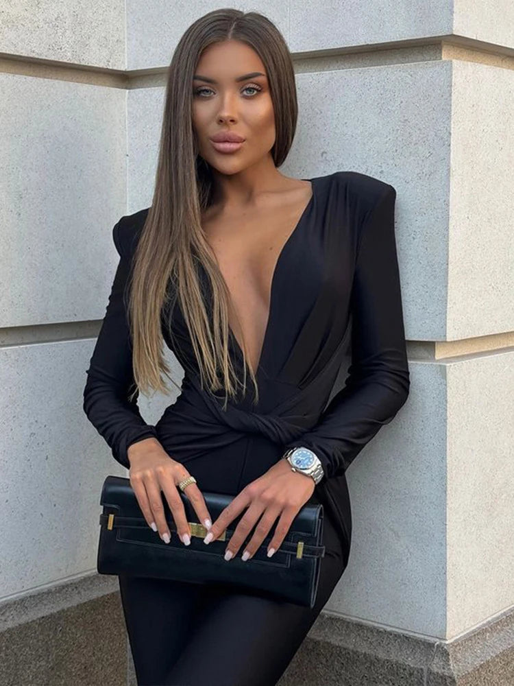 JUISSA MO Sexy Deep V-neck Ruched Women Jumpsuit Long Sleeve High Waist Playsuit Female Winter Bodycon Elegant Sporty Clothing Badiee Stylez