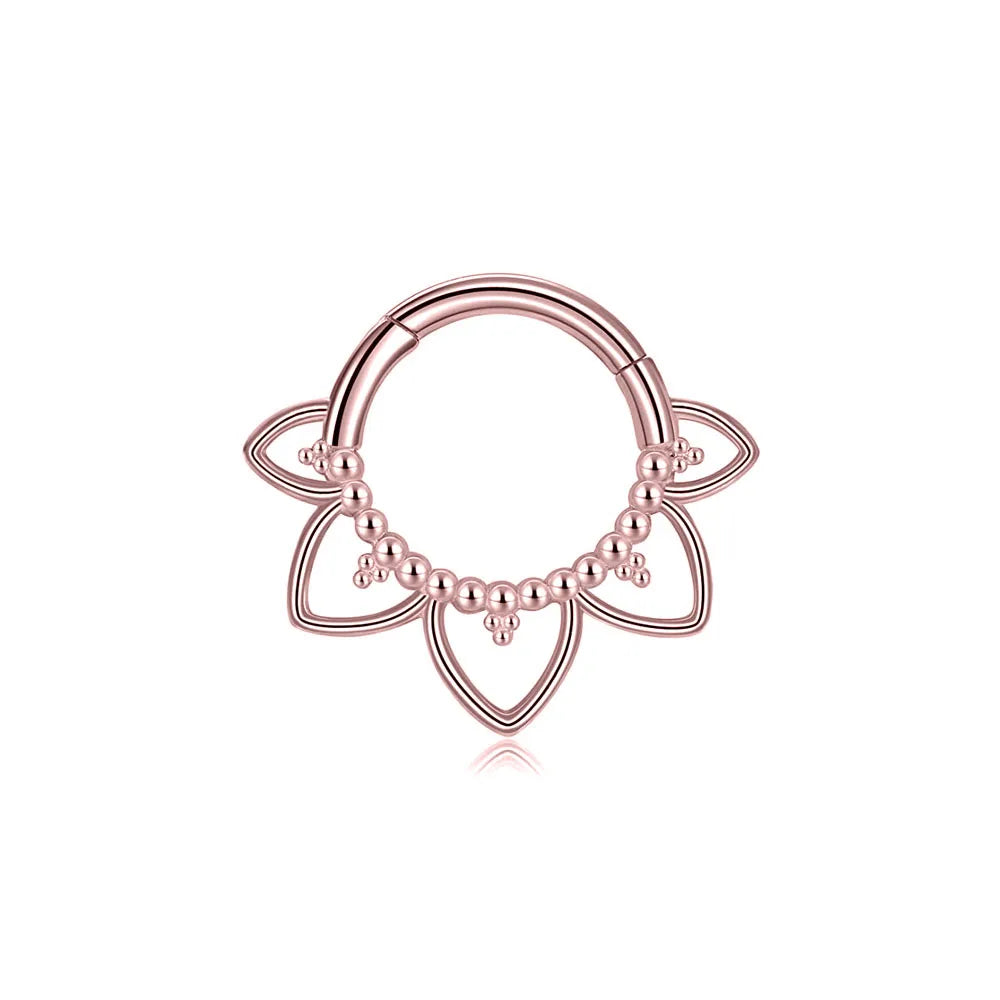 Flower CZ Zircon Septum Piercing Heart Gem Segment Nose Ring WaterDrop Daith Conch Clicker Hoop Earring 100% 316L Surgical Steel L-Rose Gold