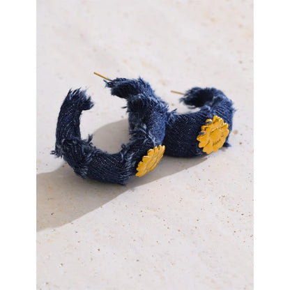 Yhpup Creative Blue Denim Flower C Shape Hoop Earrings Women Stainless Steel Popular Jewelry Autumn & Winter New 2025 Wholesale
